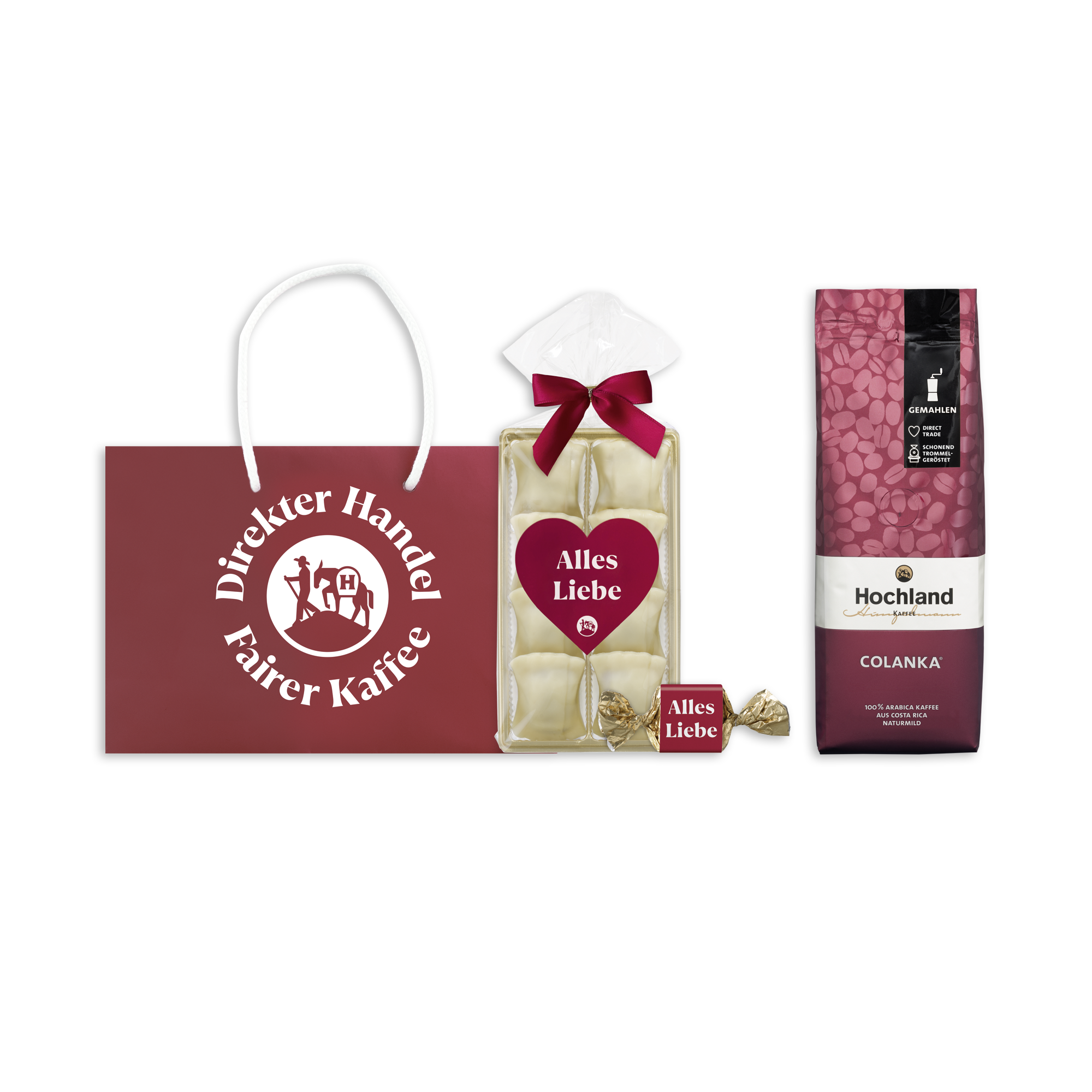 Geschenkset 'Süße Liebe': Colanka Kaffee, Nougatle & süße Maultäschle in roter Tüte – Hochland Geschenk.